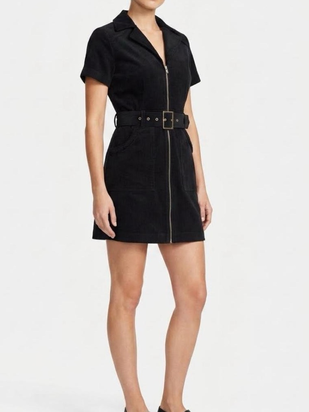 Doshoop Black Corduroy Zip Up Belted Mini Dress M